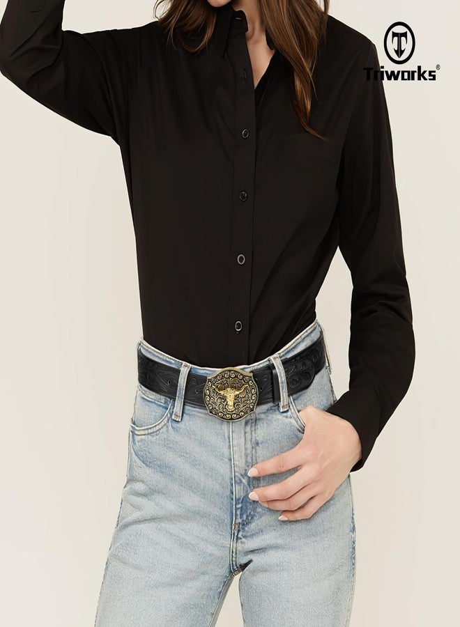 TRIWORKS Mens Western Cowboy Belt Cowgirl Embossed Leather Belt with Floral Engraved Buckle - Image 3